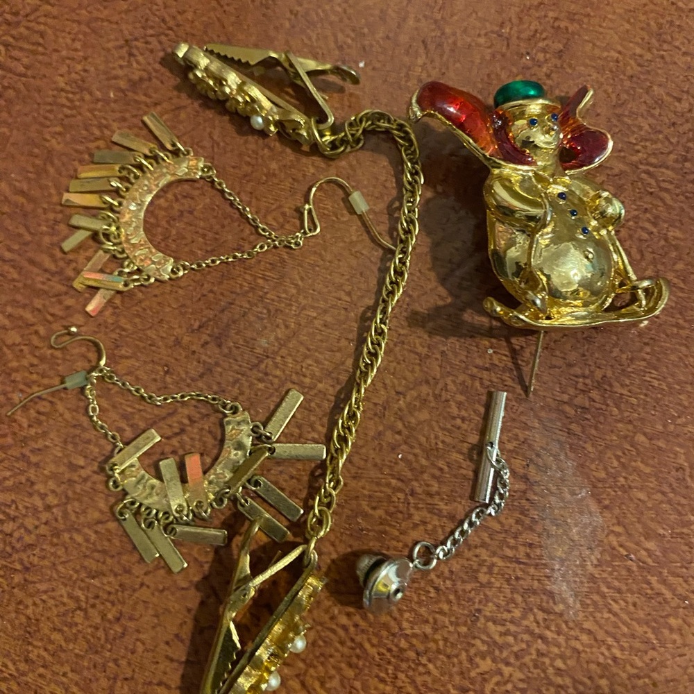 Gold and Red Clown Brooch with Chain Accents